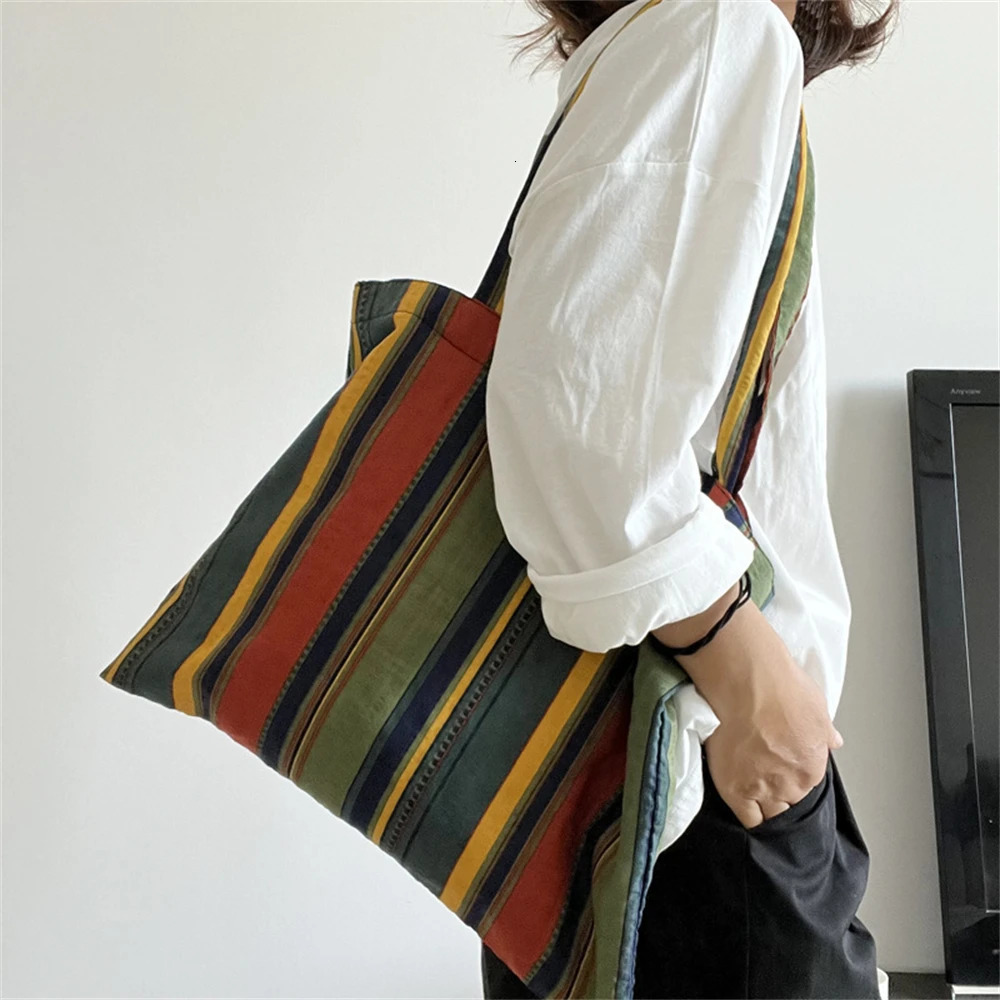 Retro Women's Canvas Shoulder Bag Rainbow Striped Linen Shopping Bag Eco Large Capacity Handbag Tote for Girls Christmas Gifts 240125