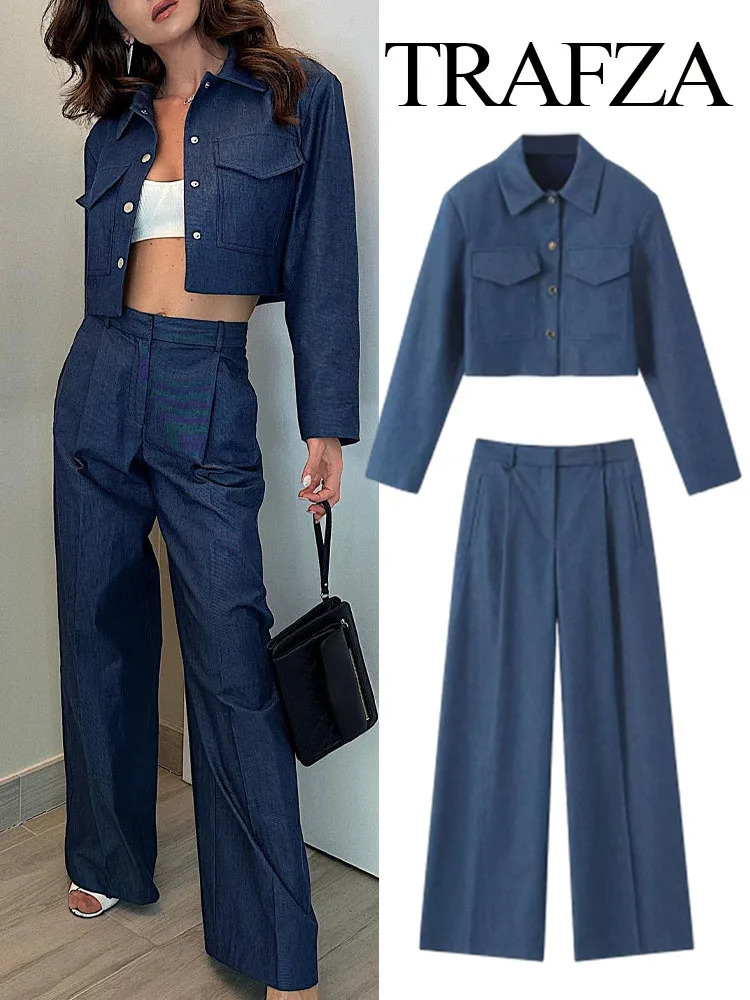 TRAFZA Autumn Fashion Women Front Pleats High Waist PantsFemale Solid Long Sleeve Lapel Vintage Short Coat 2 Piece Set 240105