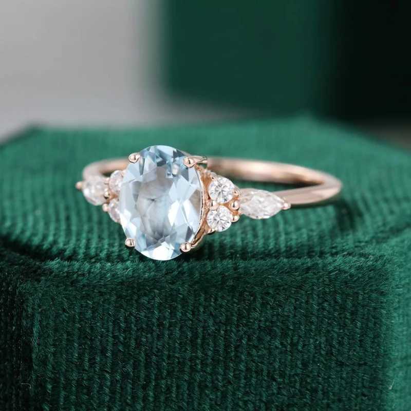 Band Rings Oval Natural Aquamarine Engagement Vintage Unique Marquise cut Cluster Moissanite Ring Solid 14K/10K Rose Gold Wedding GiftL240105