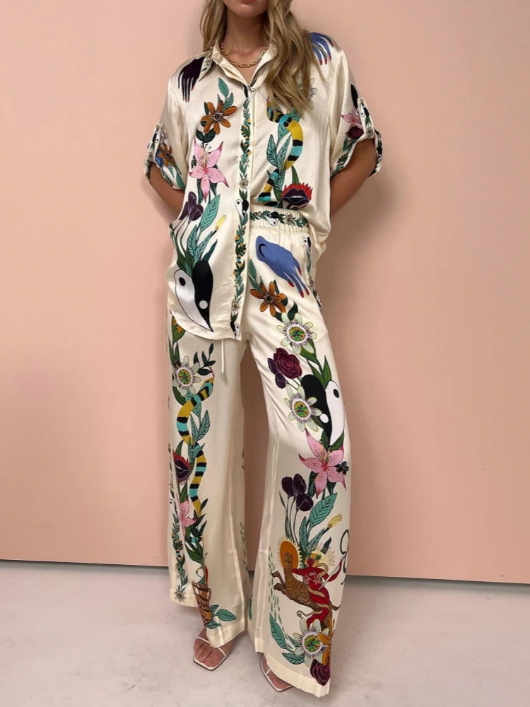 Women Vintage Print Loose Single Breasted Shirt Two Piece Sets Summer Chic Satin Short Sleeve Blouse Pants Sets Women Outfits 240106
