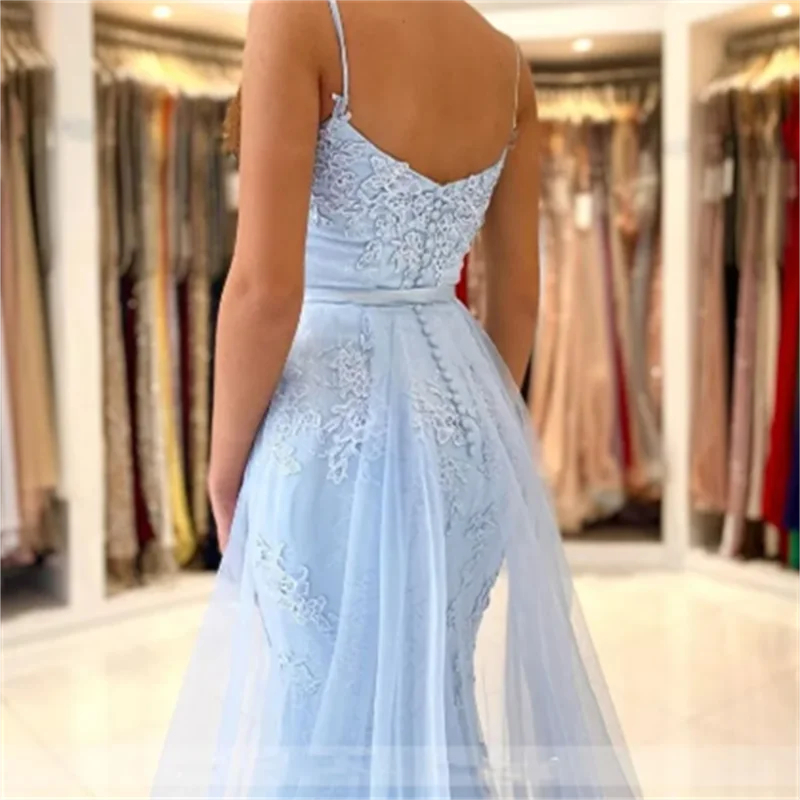 Sexy Spaghetti Lace Mermaid Prom Dresses With Detachable Train Back Buttons Formal Party Gowns Light Sky Blue Birthday Special Occasion Evening Dress 