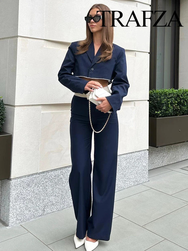 TRAFZA Autumn Fashion Women Front Pleats High Waist PantsFemale Solid Long Sleeve Lapel Vintage Short Coat 2 Piece Set 240105