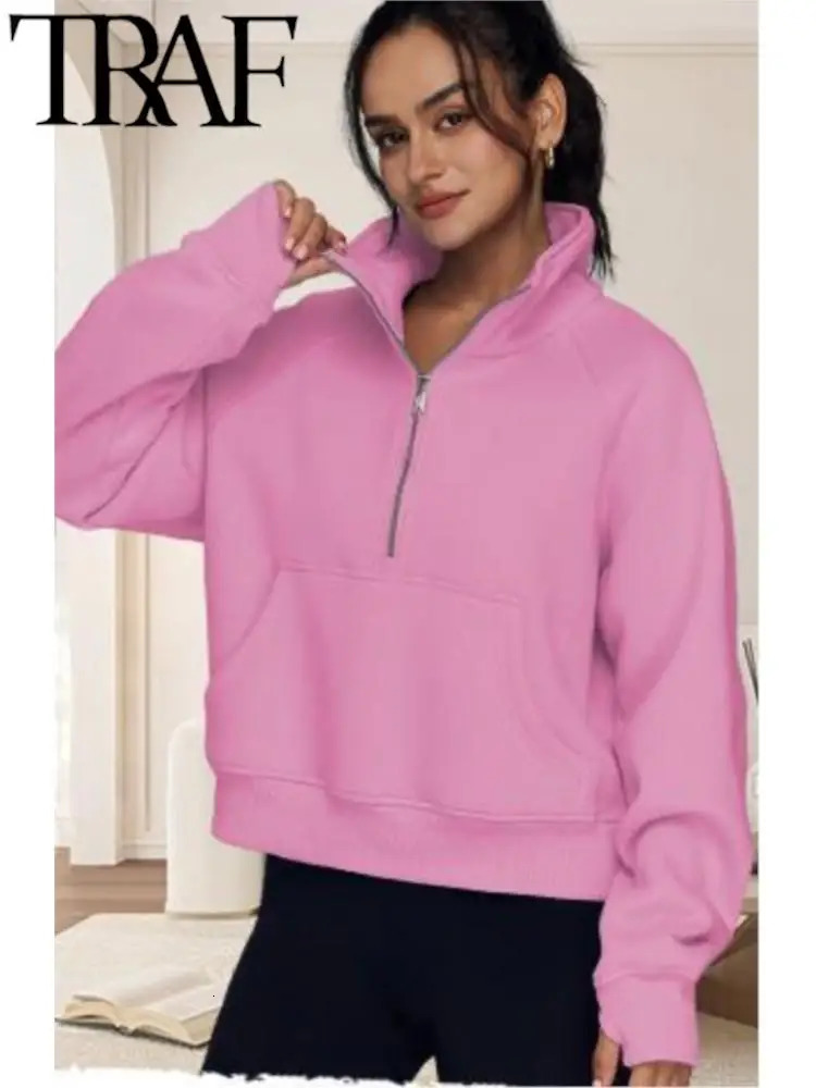 TRAF 2023 AutumnWinter Women's Sports Half Zip Yoga Suit Loose Standing Collar Plus Plush Sweater Hoodies Warm Casual Pink 240105