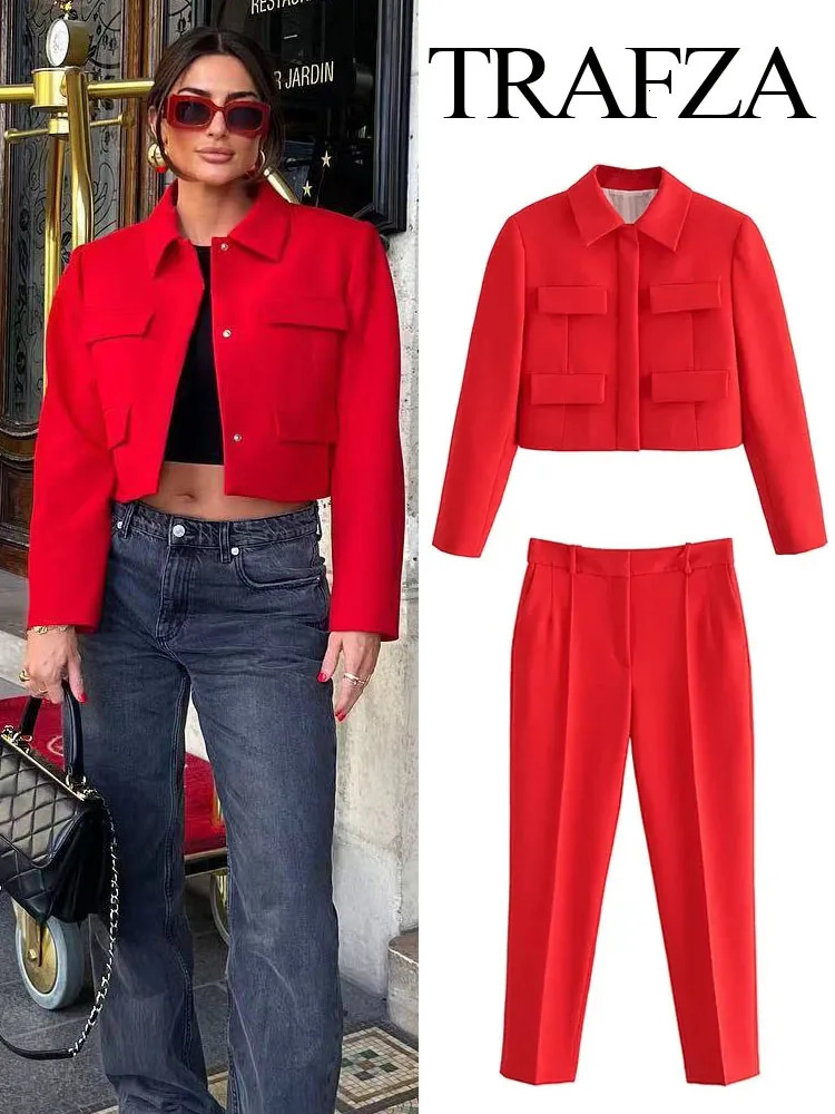 TRAFZA Autumn Fashion Women Front Pleats High Waist PantsFemale Solid Long Sleeve Lapel Vintage Short Coat 2 Piece Set 240105