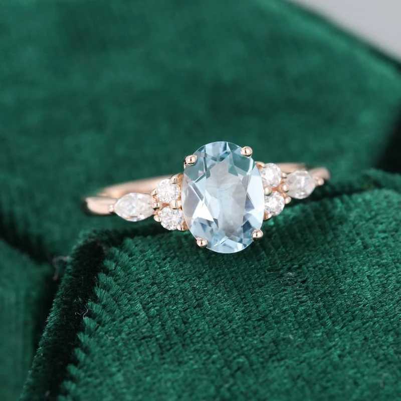 Band Rings Oval Natural Aquamarine Engagement Vintage Unique Marquise cut Cluster Moissanite Ring Solid 14K/10K Rose Gold Wedding GiftL240105
