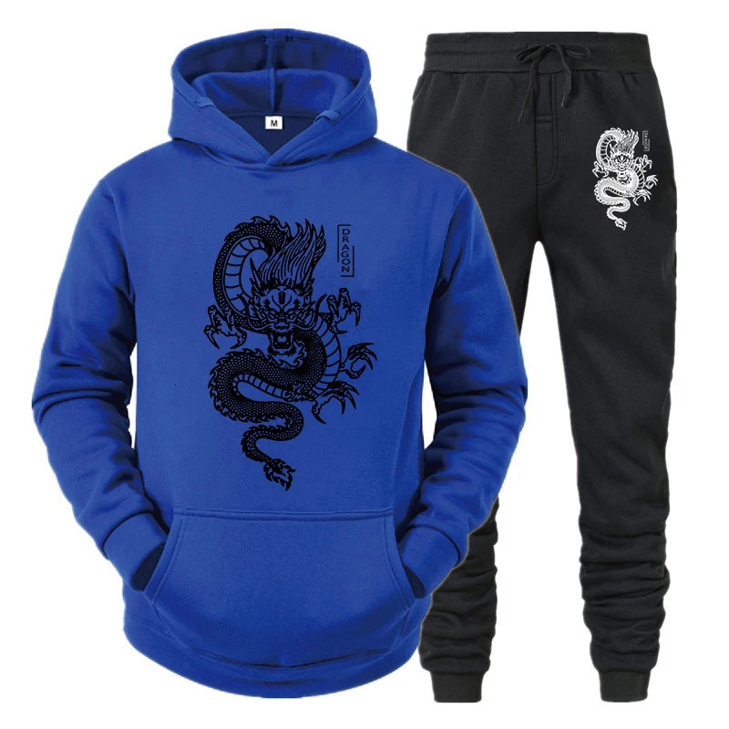 Men Tracksuit Set HoodiePant Spring Winter Dragon Print Casual Fleece Sweatshirt Sportwear Homme Streetwear Men Clothing 240106