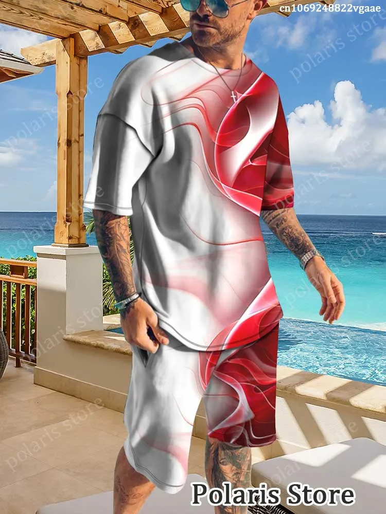 Summer Blue Tracksuit Set For Men Short Sleeve T Shirt Shorts 2 Piece Oversized Casual Trendy Sportwear Outfits Clothes 240106