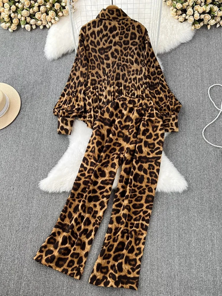 Autumn Elegant Women 2 Pieces Set Leopard Print Long Sleeve Shirts Casual Loose Pantalon Outfits Fashion Vintage Sweatsuit 240106