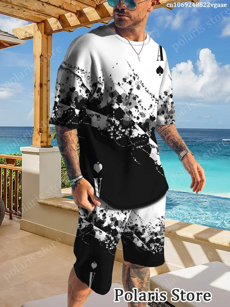 Summer Blue Tracksuit Set For Men Short Sleeve T Shirt Shorts 2 Piece Oversized Casual Trendy Sportwear Outfits Clothes 240106