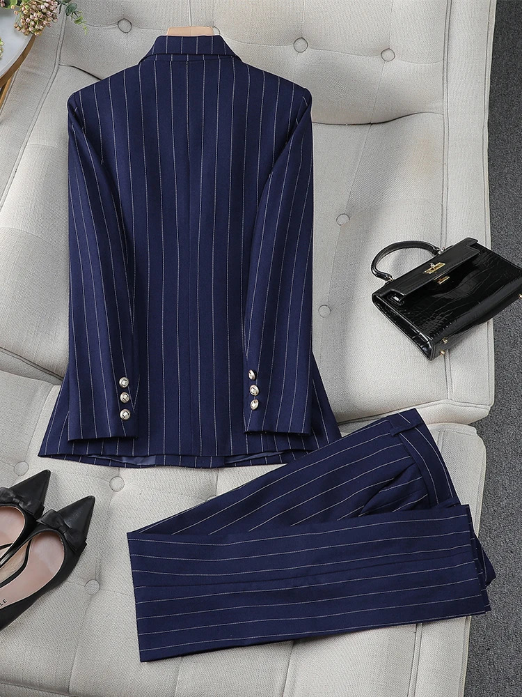 Fashion S-8XL Office Ladies Formal Pant Suit Set Women Blue Striped Female Business Work Wear 2 Piece Blazer Jacket And Trouser 240105