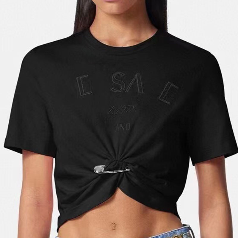 2024 Designers T-shirts Fashion Women New chest letter portrait pin buckle ruffled waist short crop short sleeve T-shirt black tide brand ladies top shirt Tees SMLXL