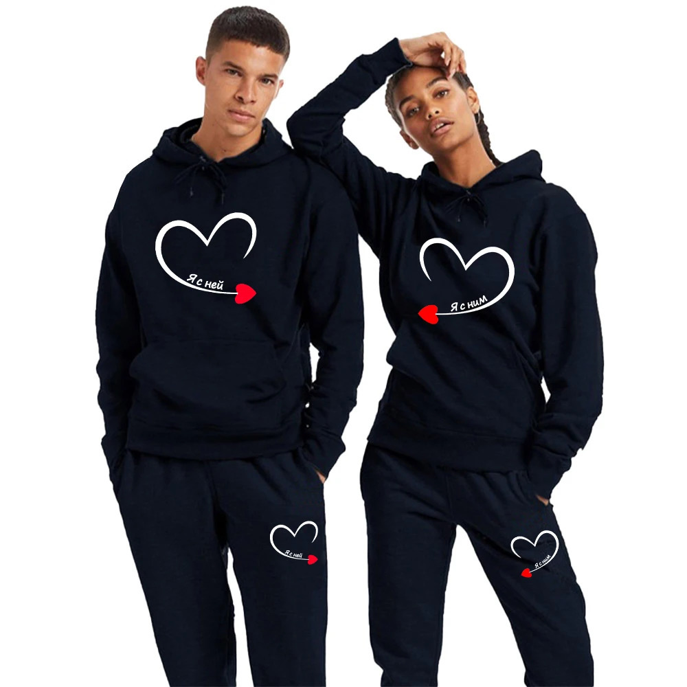 Couple Tracksuit I'm With Her Print Lover Hoodie and Pants 2 Pieces Clothes Men Sweatshirts Women Hoodies Lover Fleece Suits 240106