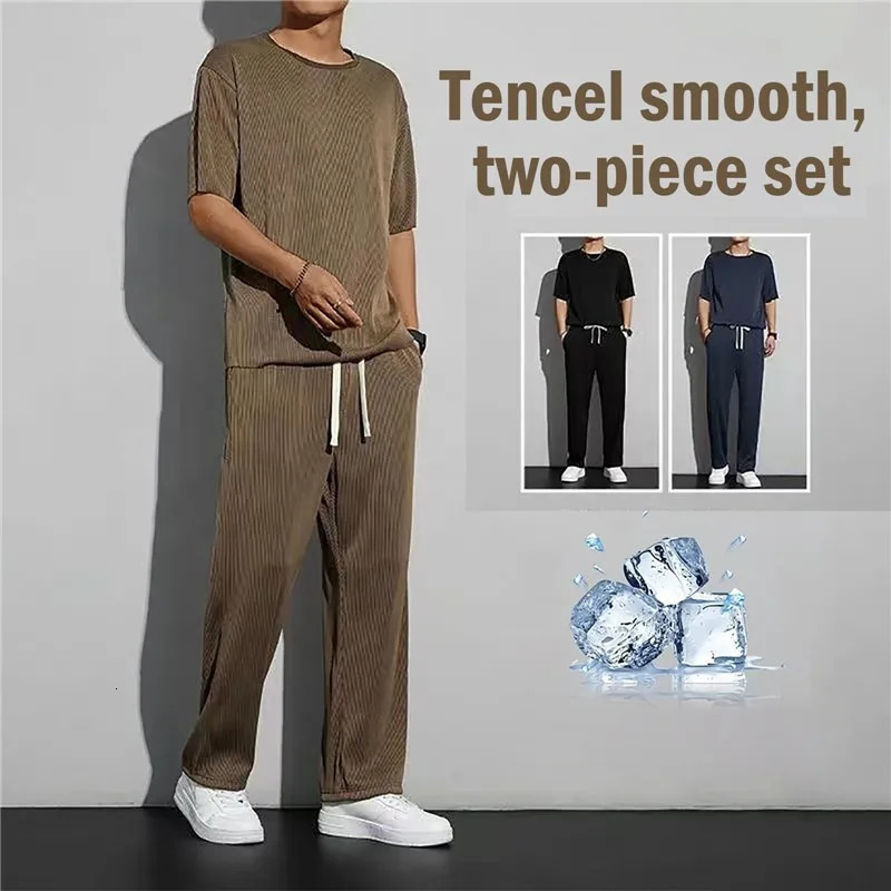 Ice Silk Sports Set Men's Summer Thin Tracksuit Men Casual Long Pants Short Sleeve T-shirt Quick Drying Clothes Sets 240106
