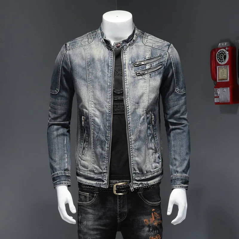 Men's Standing Neck Motorcycle Denim Jacket Vintage Fashion Casual Zipper Chaquetas Hombre Plus Size M6XL Jaquetas 240105
