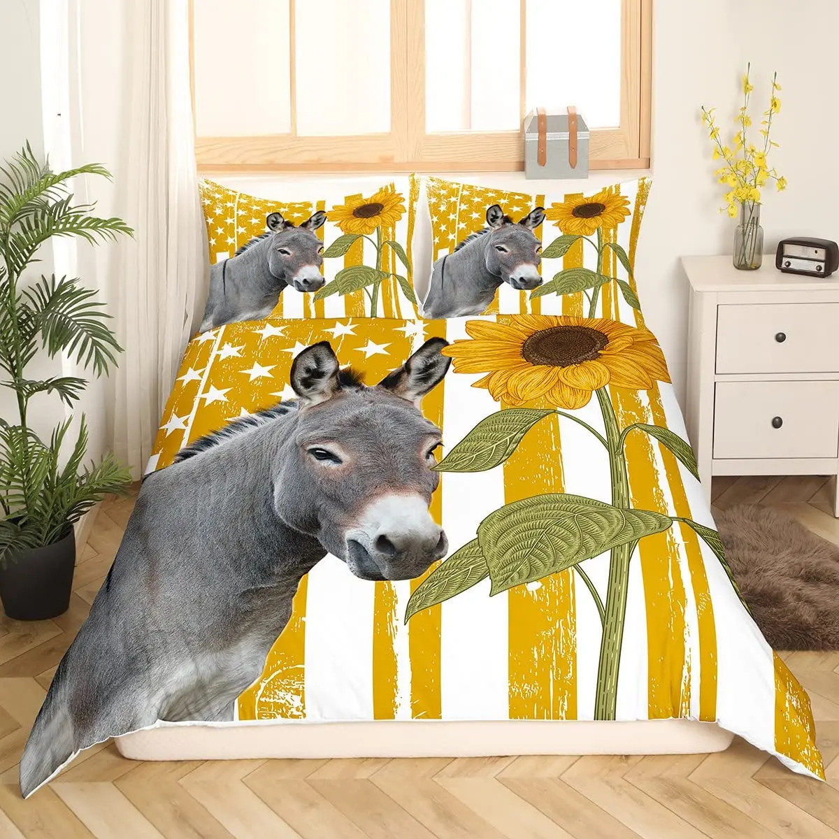 Donkey King Queen Duvet Cover Cartoon Funny Bedding Set Farmhouse Animal Comforter Cove Sunflower Polyester Quilt 240106