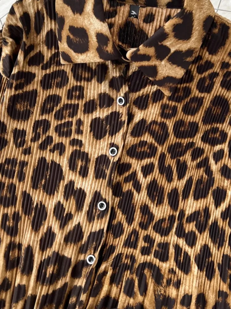 Autumn Elegant Women 2 Pieces Set Leopard Print Long Sleeve Shirts Casual Loose Pantalon Outfits Fashion Vintage Sweatsuit 240106