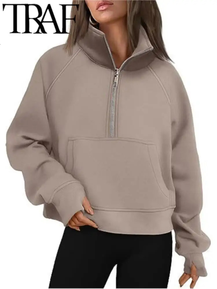 TRAF 2023 AutumnWinter Women's Sports Half Zip Yoga Suit Loose Standing Collar Plus Plush Sweater Hoodies Warm Casual Pink 240105