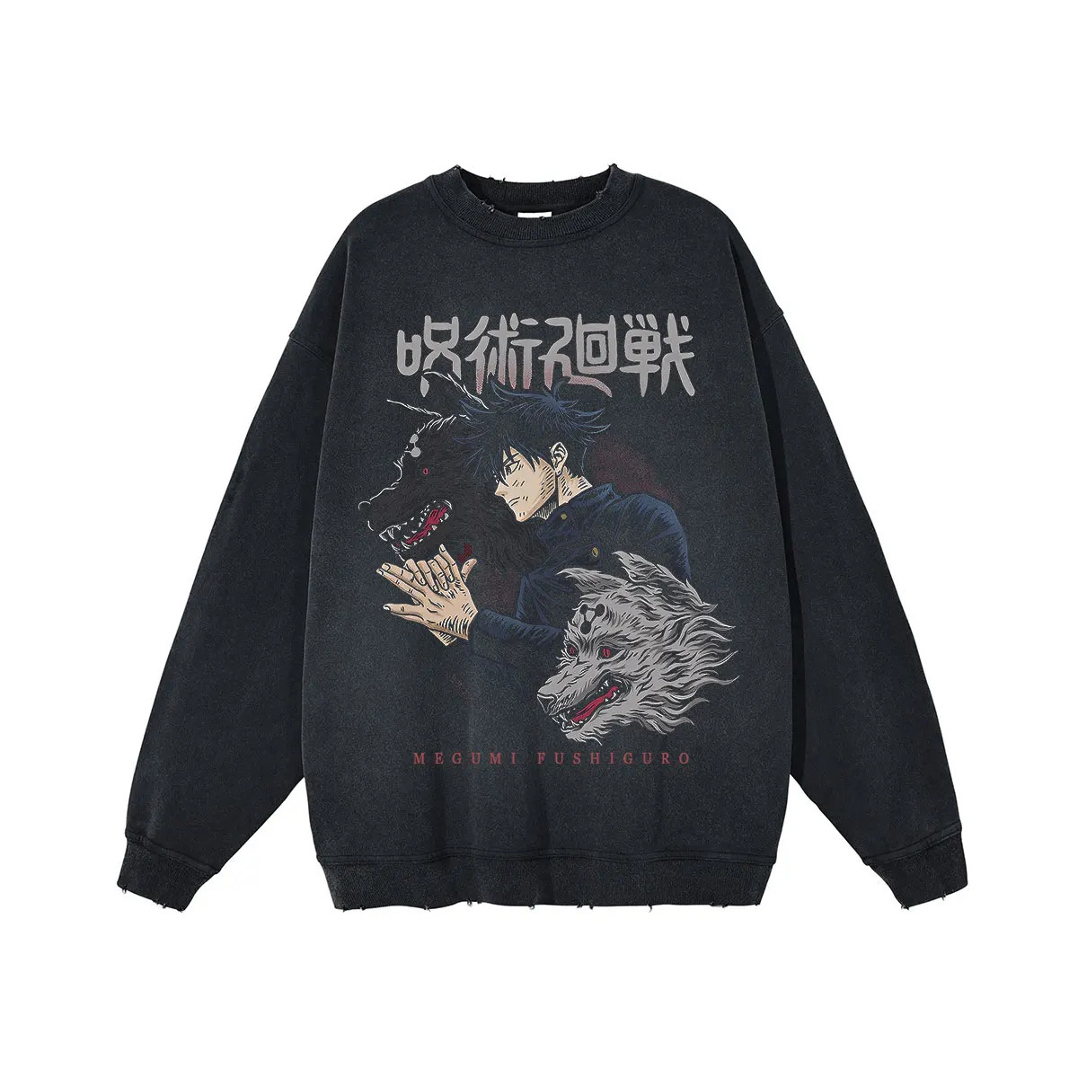 Anime Jujutsu Kaisen Washed Sweatshirt 100% Cotton Printed Retro Vintage Crew Neck Sweater Hip Hop Y2k Men Women Hoodless 240106