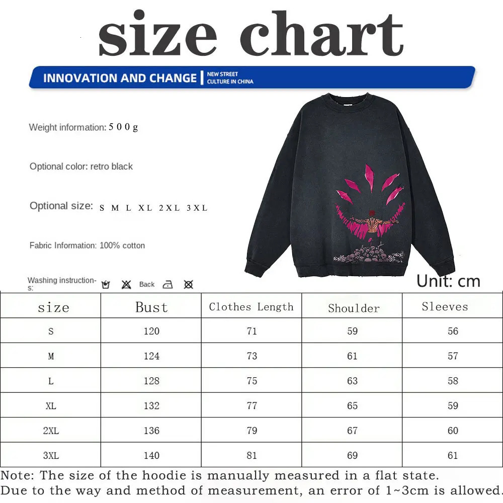 Anime Jujutsu Kaisen Washed Sweatshirt 100% Cotton Printed Retro Vintage Crew Neck Sweater Hip Hop Y2k Men Women Hoodless 240106