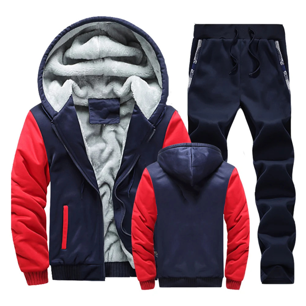 Winter Men Tracksuit Hooded Sportswear Zipper Jacket Fleece Trousers Men's Warm Solid Color Casual Men's Sports Suit 240106