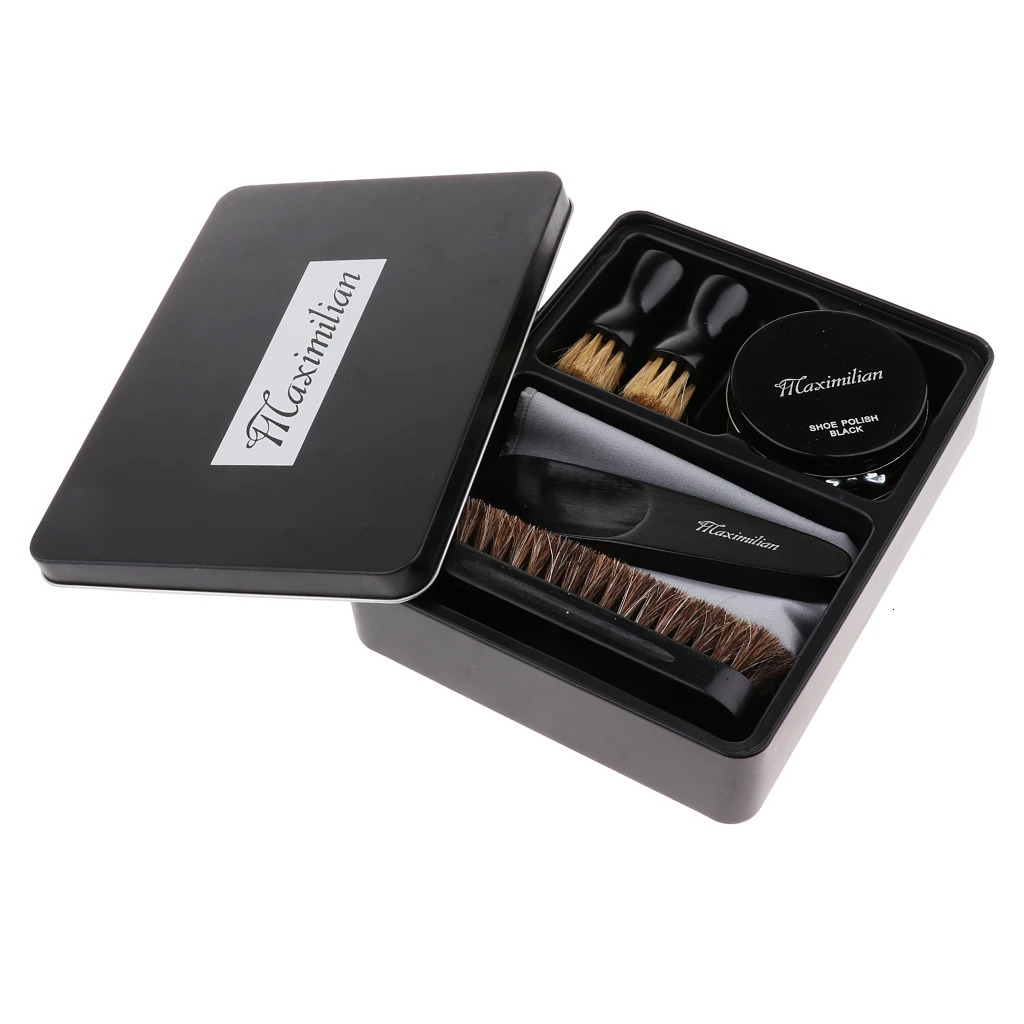 8pcs/set Shoes Care Kit Cleaning Shine Polish Brushes Set With Iron Tin Box 240106