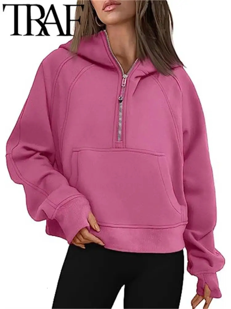 TRAF 2023 AutumnWinter Women's Sports Half Zip Yoga Suit Loose Standing Collar Plus Plush Sweater Hoodies Warm Casual Pink 240105