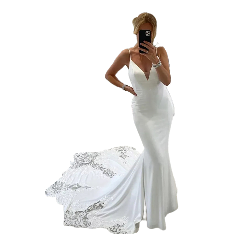 Boho Spaghetti Mermaid Wedding Dresses Sexy Backless Long Ivory Satin Beach Bridal Gowns Lace Appliques V-Neck Summer Bride Wear Back Buttons 2024
