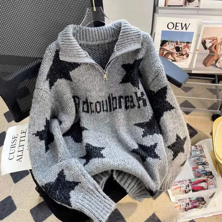 American hip-hop men and women trend retro pentagram stand up collar loose autumn and winter knitted sweater couple casual top 240106