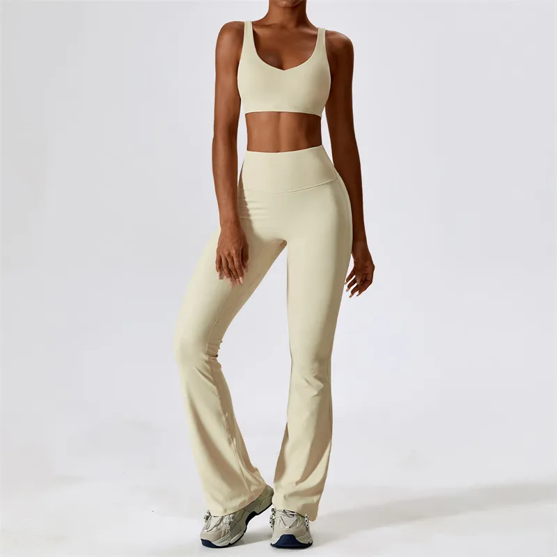LLLM8232 Womens Yoga Suit Yoga Vest Sleeveless Tops Pants Bell-bottom Trousers Two-Piece Set Gym Running Long Pant Elastic High Waist Sportwear Suits