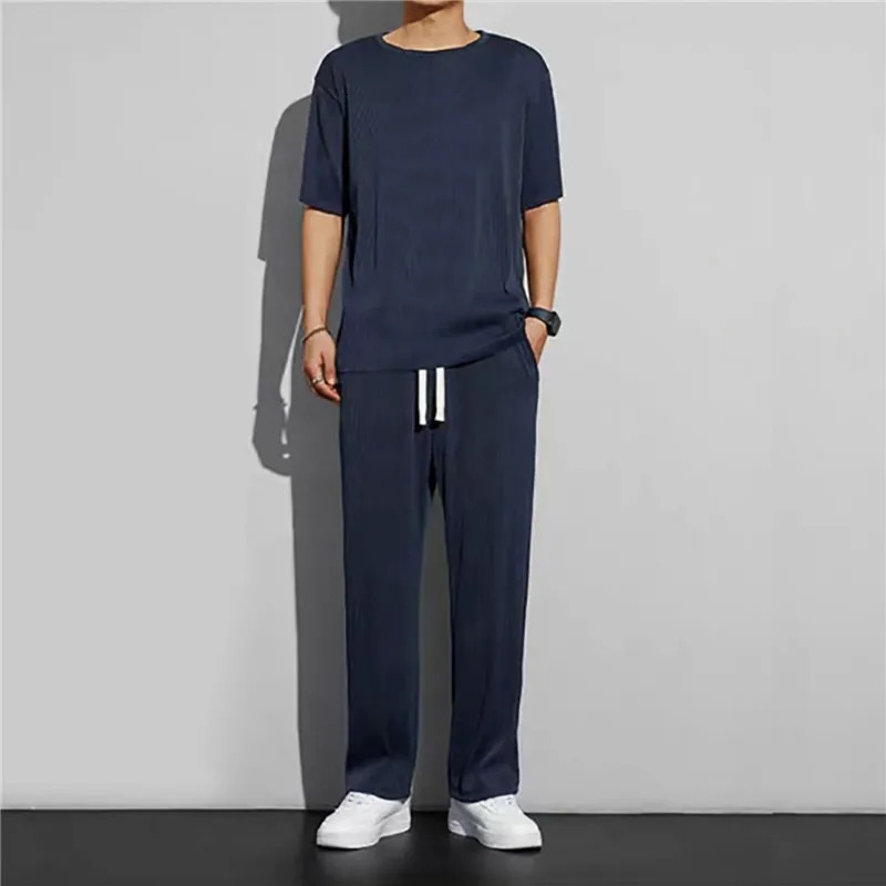 Ice Silk Sports Set Men's Summer Thin Tracksuit Men Casual Long Pants Short Sleeve T-shirt Quick Drying Clothes Sets 240106