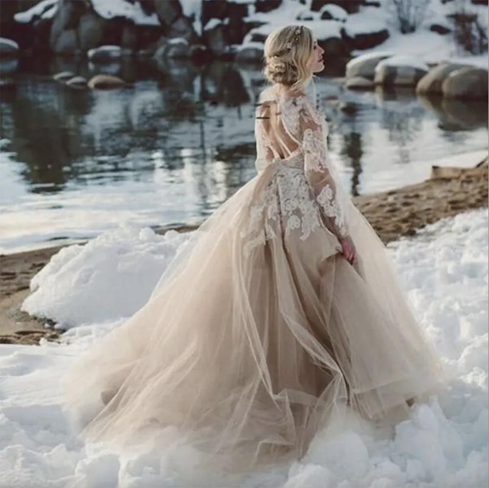 Champagne Lace Beach Wedding Dresses With Long Sleeves Tulle Backless Fairy Tale Bride Gowns Vestido De Noiva 0431
