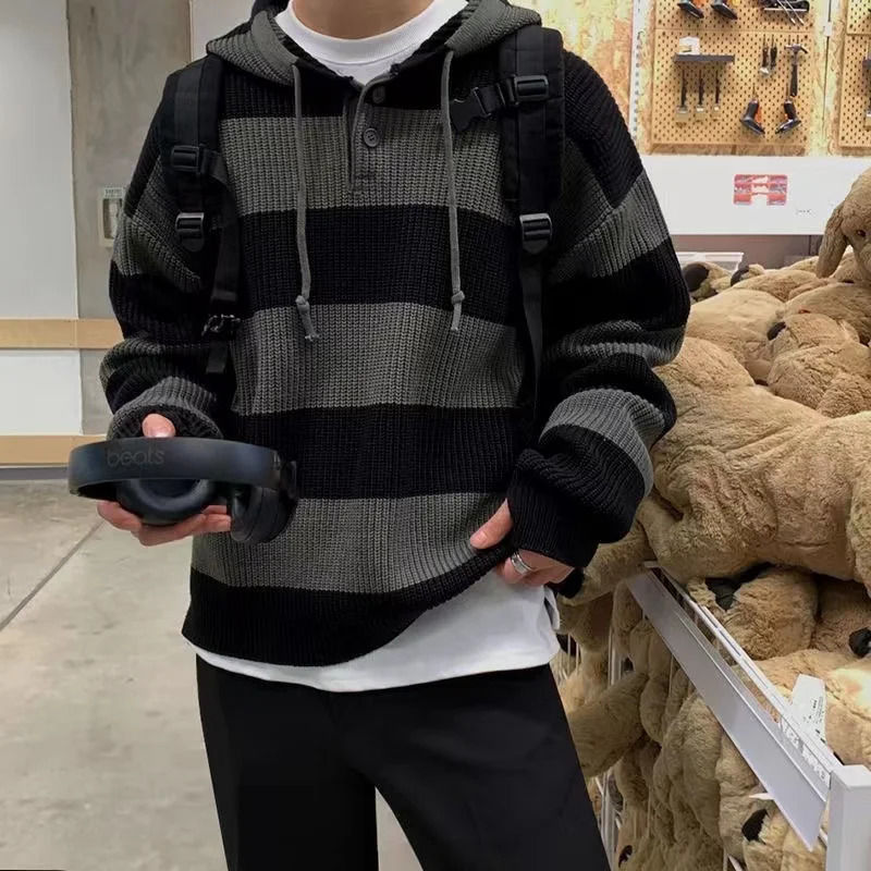 Winter Korean Knitted Warm Striped Men Sweater Fashion Y2K Street Personalized Hip Hop Couple Simple Harajuku Retro Hoodie 240106