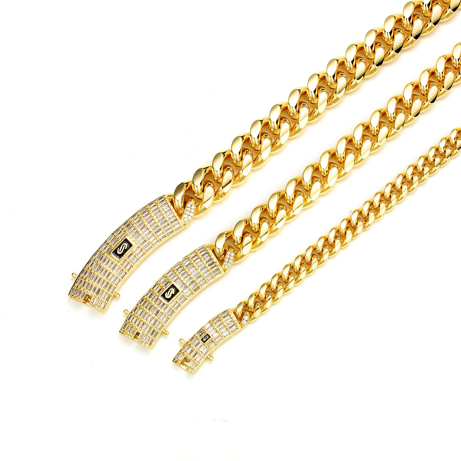 6mm-14mm Hip Hop Stainless Steel Miami Cuban Link Chain Necklace Full 5A Zircon Clasp 14K/18K Gold Plated Accessories Gold Jewelry Set