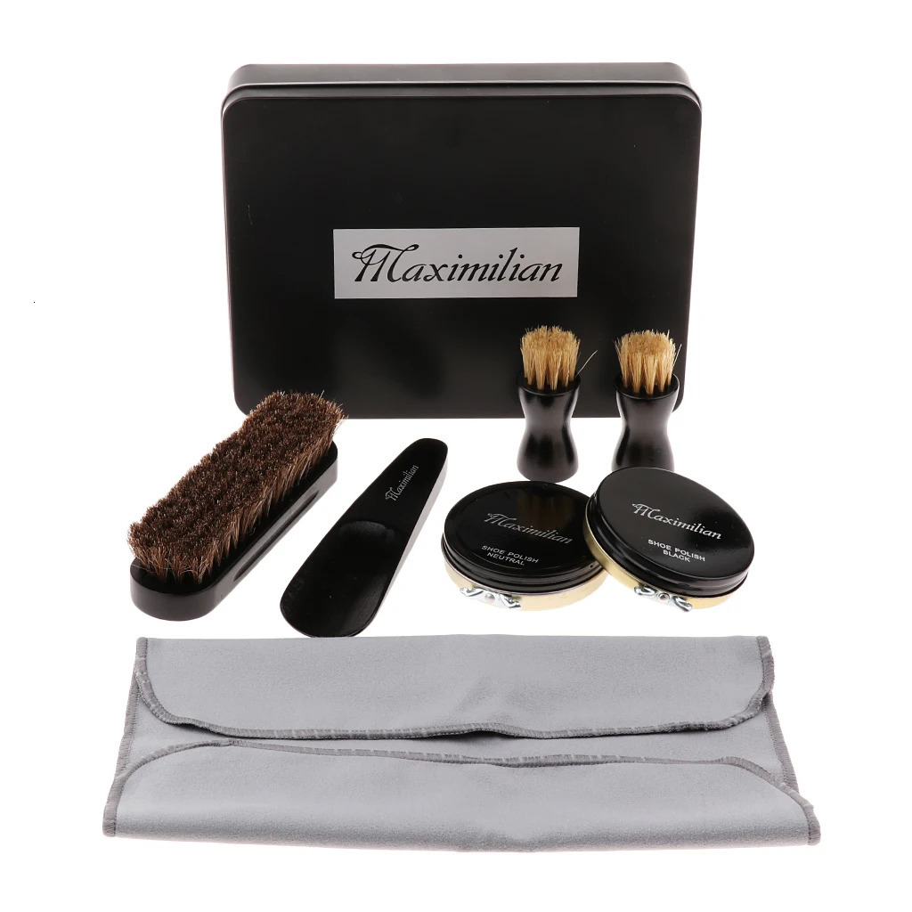 8pcs/set Shoes Care Kit Cleaning Shine Polish Brushes Set With Iron Tin Box 240106
