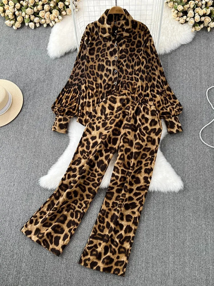 Autumn Elegant Women 2 Pieces Set Leopard Print Long Sleeve Shirts Casual Loose Pantalon Outfits Fashion Vintage Sweatsuit 240106