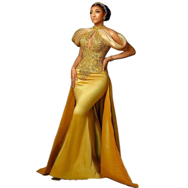 Elegant Gold Mermaid Crystals Prom Dresses Beaded African Arabic Luxury Formal Occasion Dress Sleeveless Long Satin Evening Gowns For Women Bride Rece