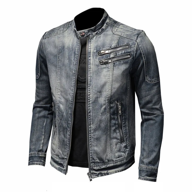 Men's Standing Neck Motorcycle Denim Jacket Vintage Fashion Casual Zipper Chaquetas Hombre Plus Size M6XL Jaquetas 240105