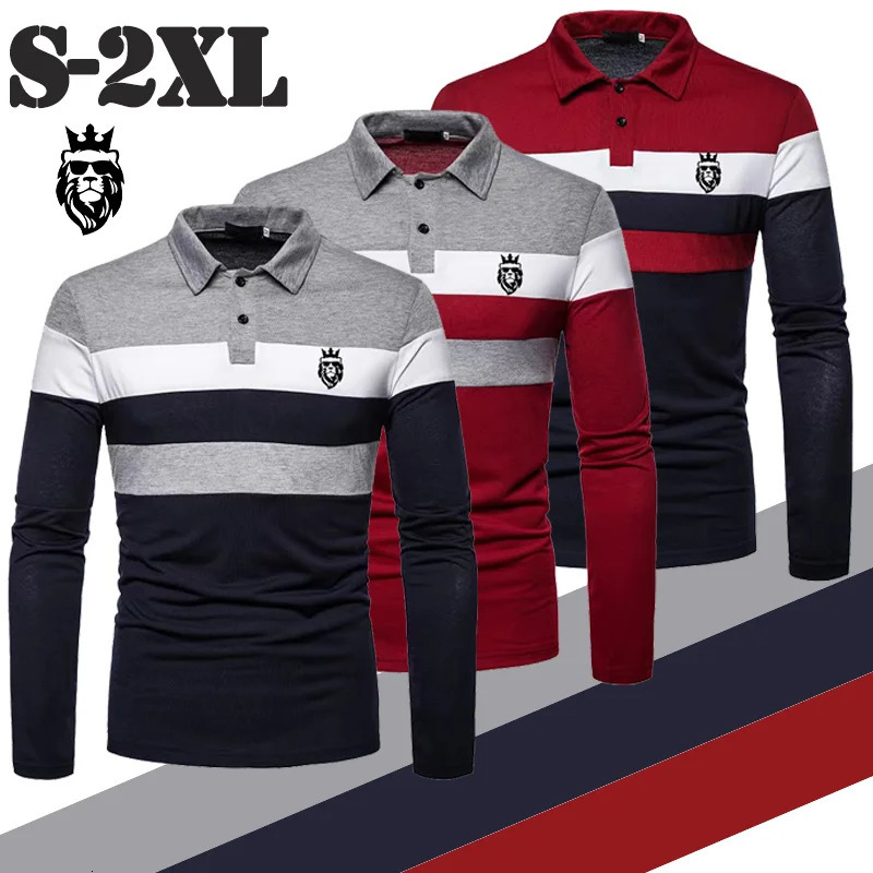 Men's Long Sleeved Polo Shirt Printed Lion Three Color Block Tops Golf Shirt Men's Casual Lapel Top Mens Clothes 240106
