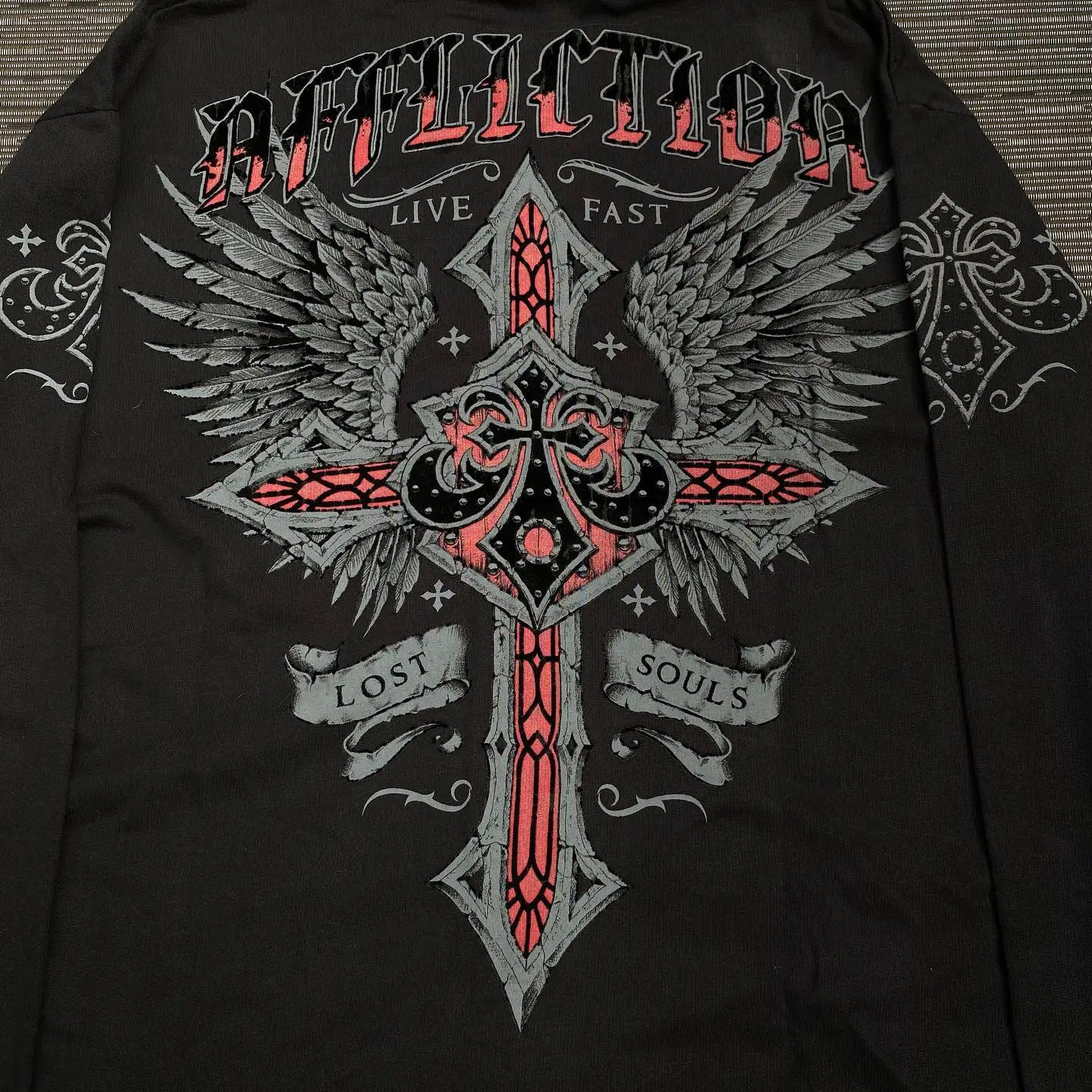 Y2k Zipper Hoodie Gothic Pattern Printing Hip Hop Casual Sweatshirt Personality Retro Loose Hooded Women Men Streetwear 240106