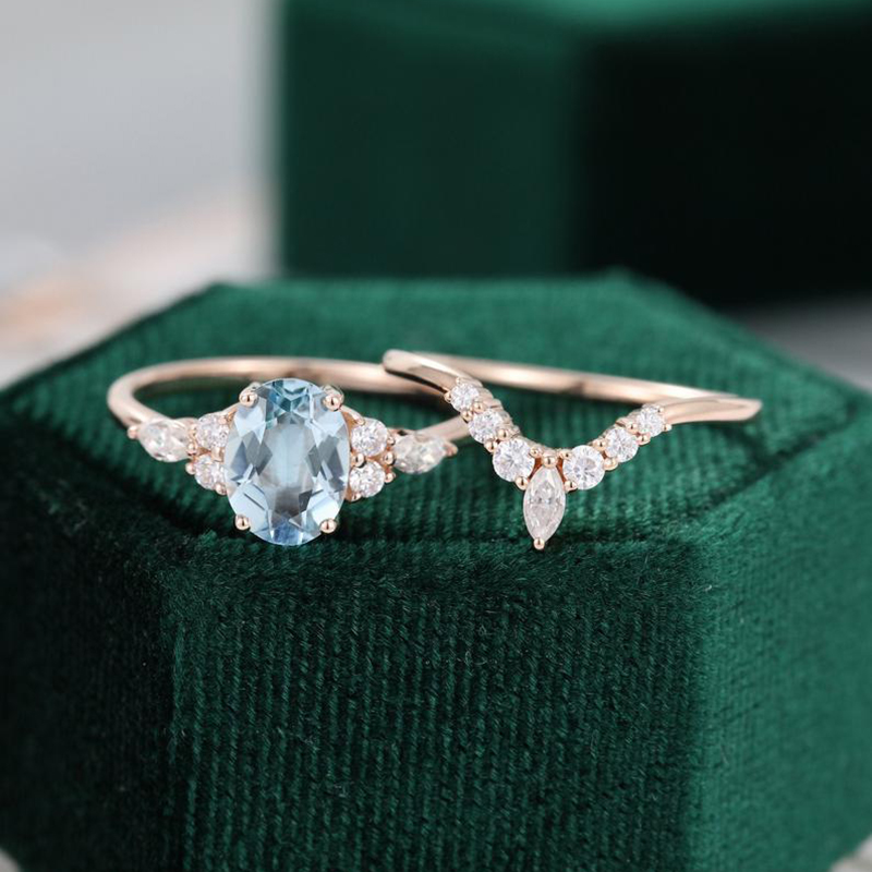 Band Rings Oval Natural Aquamarine Engagement Vintage Unique Marquise cut Cluster Moissanite Ring Solid 14K/10K Rose Gold Wedding GiftL240105