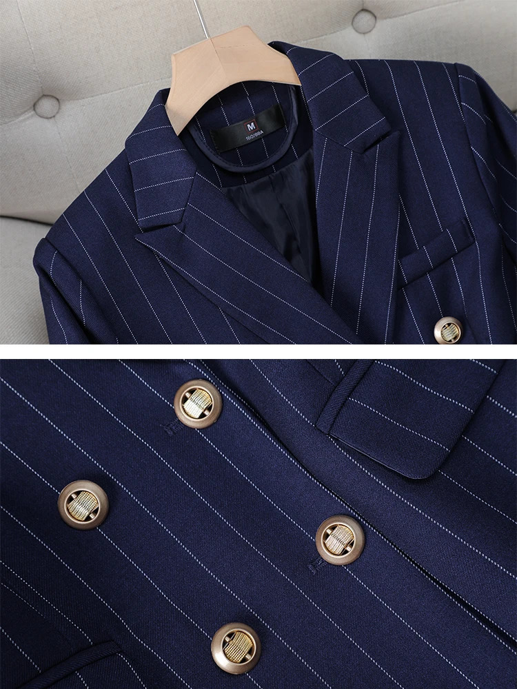 Fashion S-8XL Office Ladies Formal Pant Suit Set Women Blue Striped Female Business Work Wear 2 Piece Blazer Jacket And Trouser 240105