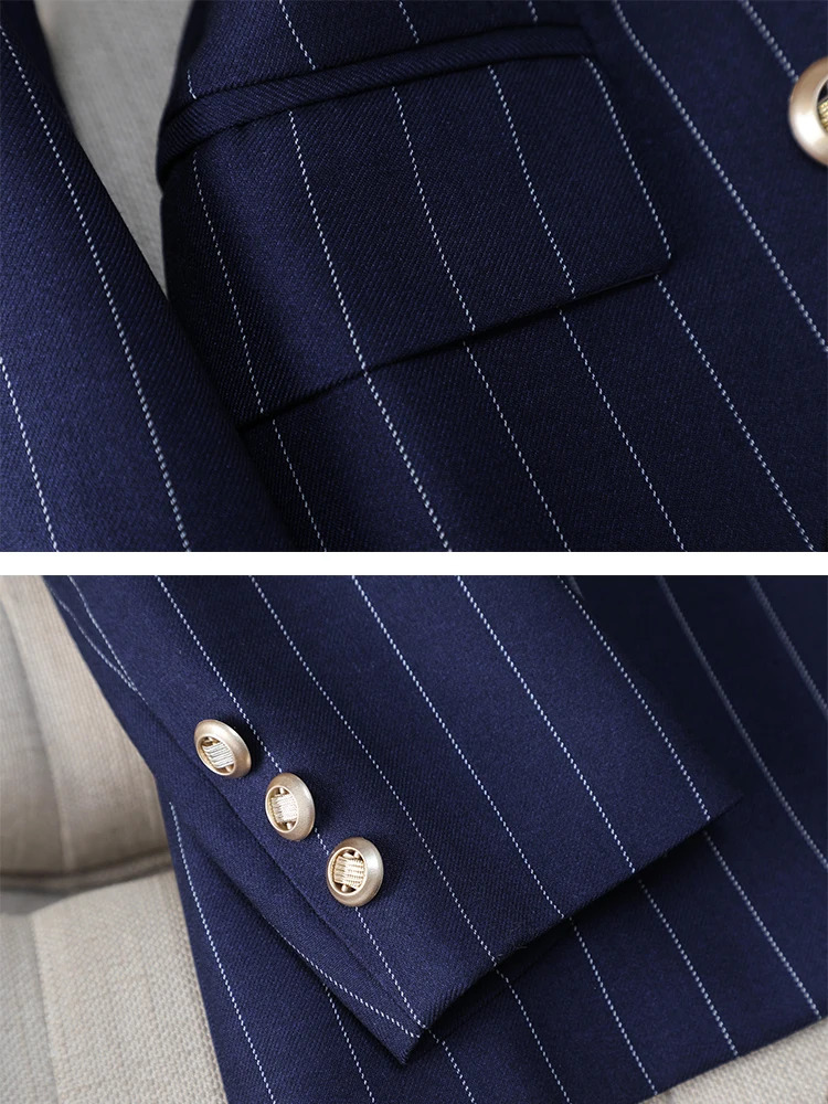 Fashion S-8XL Office Ladies Formal Pant Suit Set Women Blue Striped Female Business Work Wear 2 Piece Blazer Jacket And Trouser 240105