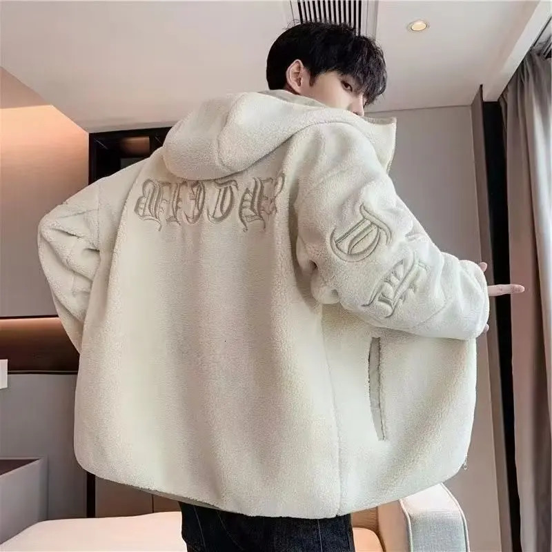 Lamb Fleece Thickened Hooded For Sweatshirts Men Autumn And Winter Polar Trendy Top Cardigan Clothing Y2k Oversized 240106