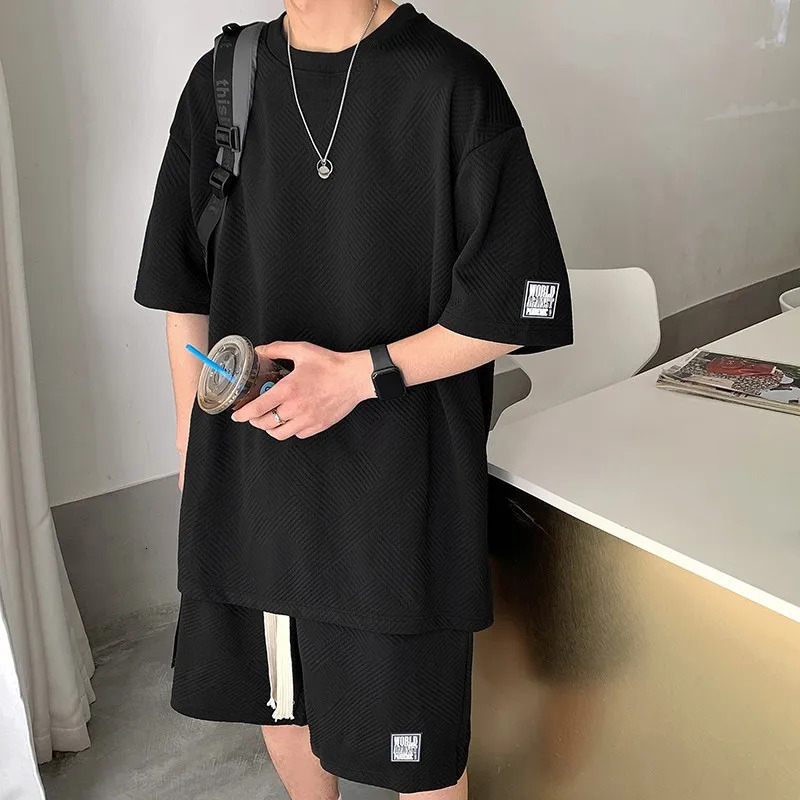 Summer Men's Tracksuit Waffle Fabric Breathable Casual T-Shirt and Shorts Fashion Half Sleeve Two Piece Set for Unisex 240106