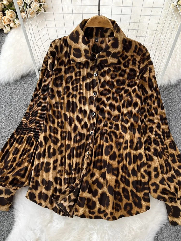 Autumn Elegant Women 2 Pieces Set Leopard Print Long Sleeve Shirts Casual Loose Pantalon Outfits Fashion Vintage Sweatsuit 240106