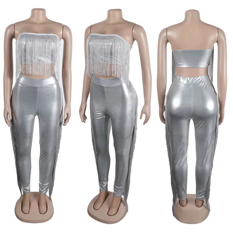 Women Sexy Tassel PU Leather 2 Piece Set Y2K Metallic Strapless Crop Tops High Waist Pencil Pants Night Clubwear Party Suits 240105