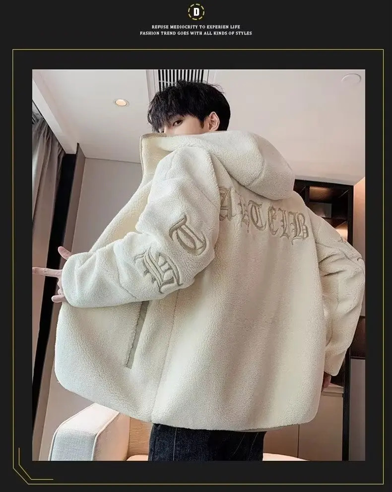 Lamb Fleece Thickened Hooded For Sweatshirts Men Autumn And Winter Polar Trendy Top Cardigan Clothing Y2k Oversized 240106