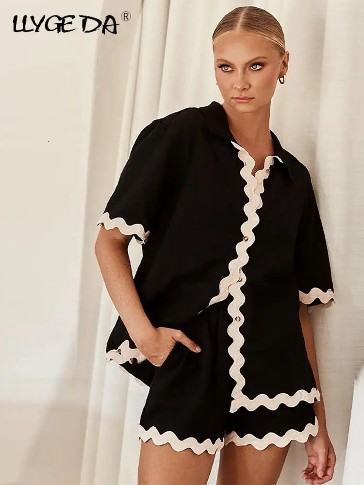Fashion Patchwork Shirt Shorts Set For Women Casual Female Lapel Short Sleeve Shirt Loose Shorts Spring Summer 2 Pieces Set 240106