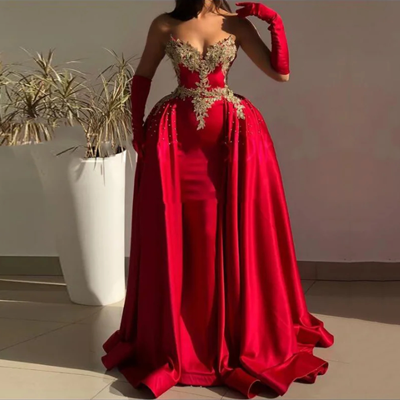 Prom Mermaid Sexy Red Dresses With Detachable Train Gold Lace Appliques Beaded Sweetheart Neck Corset Formal Evening Gowns For Women Pageant Party 666