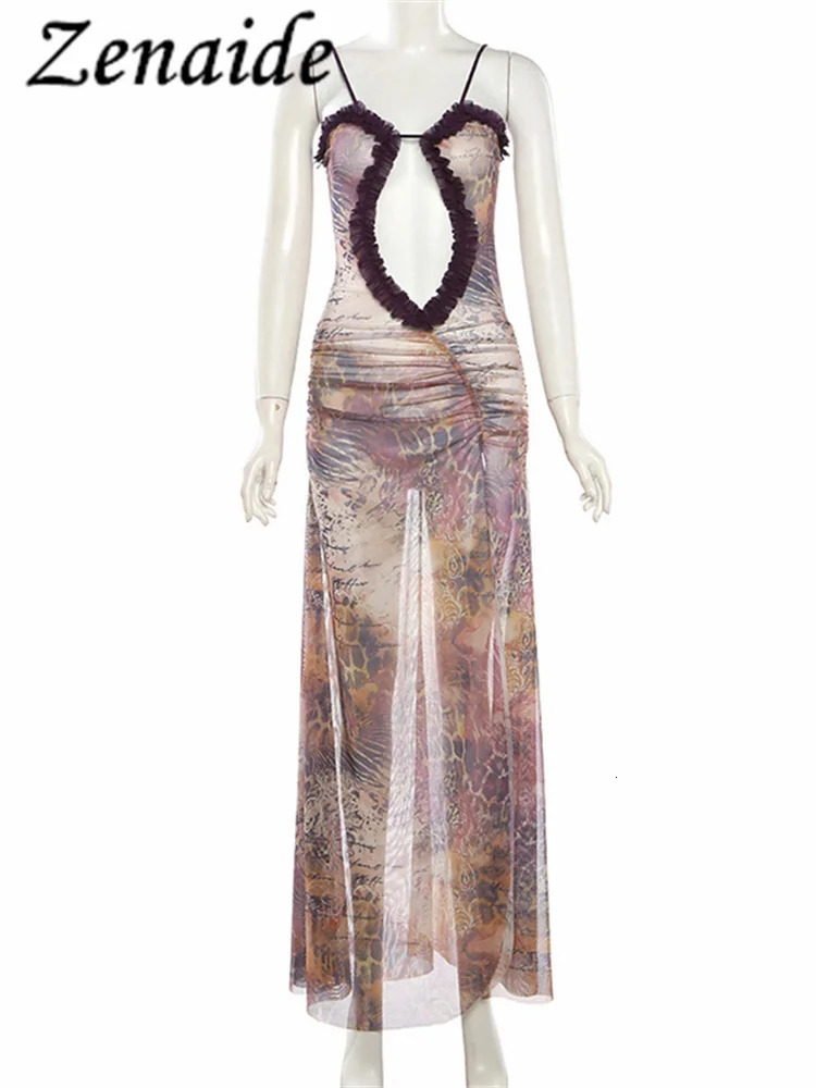 Zenaide Fall Frilly Halter Mesh Print Cut Out Backless Split Maxi Dress Women Elegant Ruched Lace Sexy Sheer Dresses Party Y2K 240106
